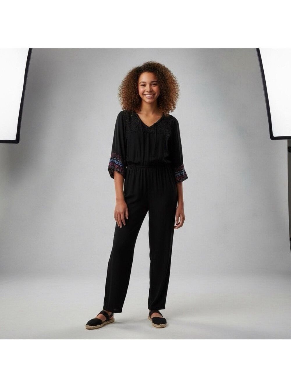 Abercrombie Kids Lace Floral Black Jumpsuit, Large, Boho